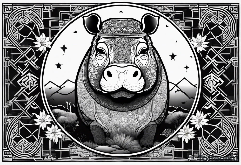 Very asymmetrical, +geometric pattern, with realistic full moon, with seeious looking hippo, +zen feel, + Buddhism touch, +tribal, +geometric, +chinese inkart 
with wintersweet flower bud, +portrait orientation, +inkart touch, tattoo idea