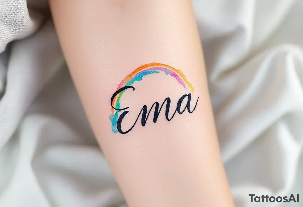 Ema written in a watercolor rainbow arc, delicate and joyful. tattoo idea