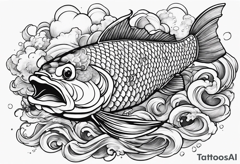 Japanese with karp koi in fond, demon and samouraï first plan with nuage tattoo idea