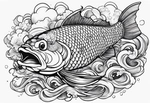 Japanese with karp koi in fond, demon and samouraï first plan with nuage tattoo idea