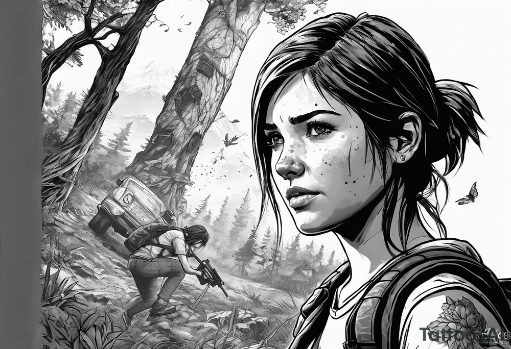 Ellie from the game series The Last of Us, including her tattoo and infected clickers tattoo idea