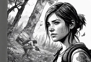 Ellie from the game series The Last of Us, including her tattoo and infected clickers tattoo idea