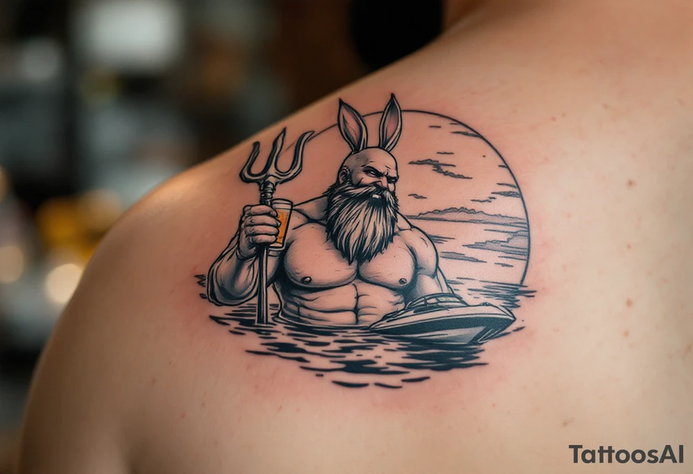 young, happy, fat, balding, poseidon in calm water, holding a trident, drinking a beer, with sunset, with ski boat, with bunny ears tattoo idea