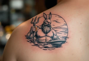 young, happy, fat, balding, poseidon in calm water, holding a trident, drinking a beer, with sunset, with ski boat, with bunny ears tattoo idea