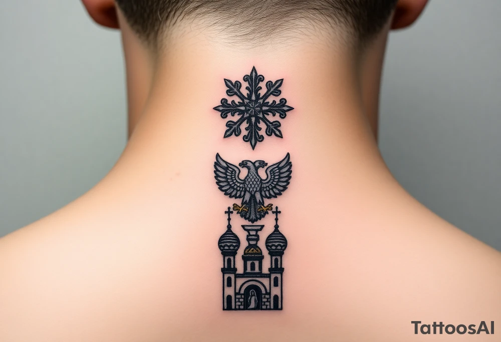 Stacked Vertical Column 

Russian star — small, bold
Middle: Miniature double-headed eagle — simplified, cleaner lines to suit the smaller space
Bottom: Orthodox church dome(s) with a small Virgin Mary silhouette beneath tattoo idea