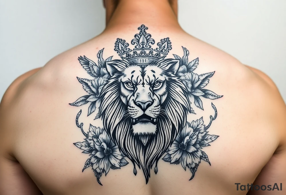 powerful majestic lion with a crown, surrounded by floral ornaments and birds tattoo idea