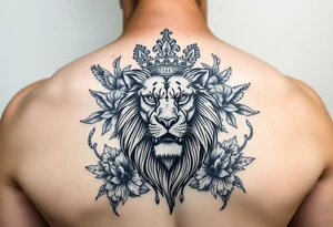 powerful majestic lion with a crown, surrounded by floral ornaments and birds tattoo idea