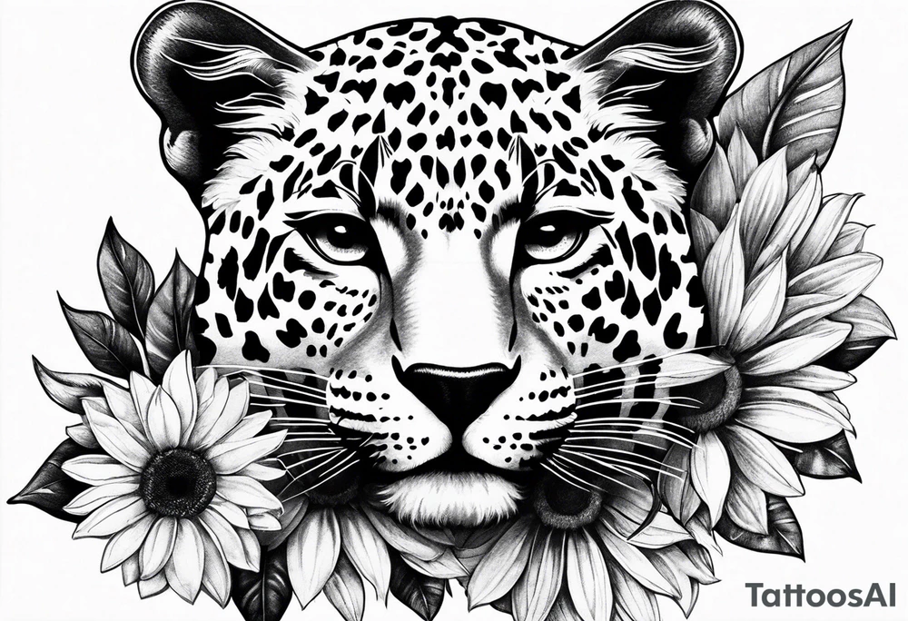 Leopard print thigh tattoo with sunflowers tattoo idea