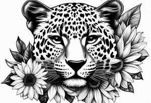 Leopard print thigh tattoo with sunflowers tattoo idea