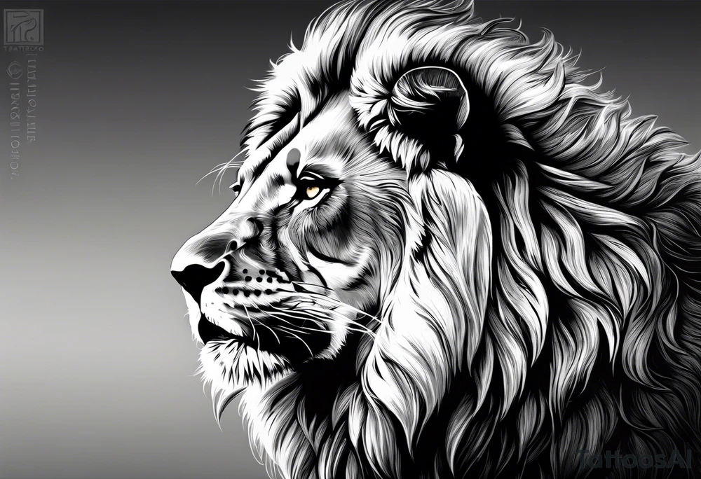 A roaring lion’s face with a flowing mane, emphasizing strength and courage, detailed fur textures tattoo idea