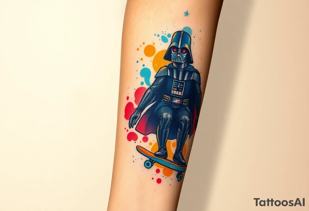 Darth Vader skateboarding >
blue. red. yellow.
skateboard words "Darth Carter"
add date 12/29/88-01/06/24 tattoo idea