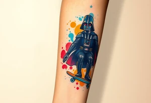 Darth Vader skateboarding >
blue. red. yellow.
skateboard words "Darth Carter"
add date 12/29/88-01/06/24 tattoo idea