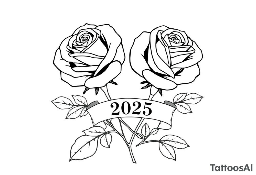 two beautiful large rose buds, one larger than the other, with many leaves next to the rose buds, with one sitting higher than the other. Include a banner connecting the two roses with the year 2025 on it.   Use dark outlines with little shading. The two stems should be short, not long, and connect and join into one stem, whimsically curved or twisted - not straight down. tattoo idea
