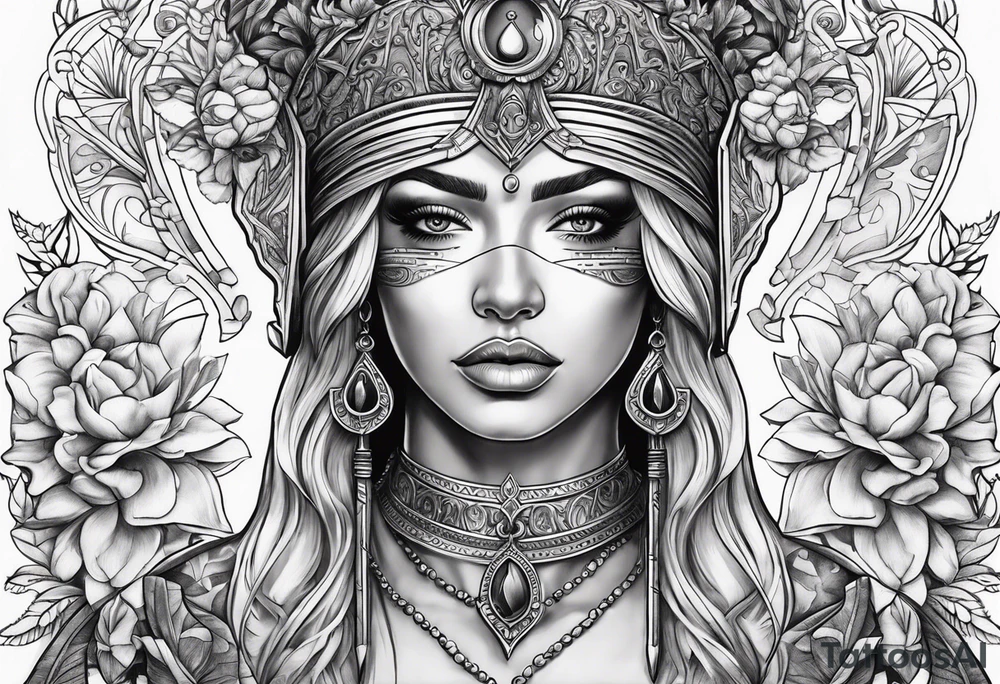 Blind folded goddess with libra and dagger tattoo idea