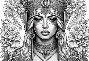 Blind folded goddess with libra and dagger tattoo idea