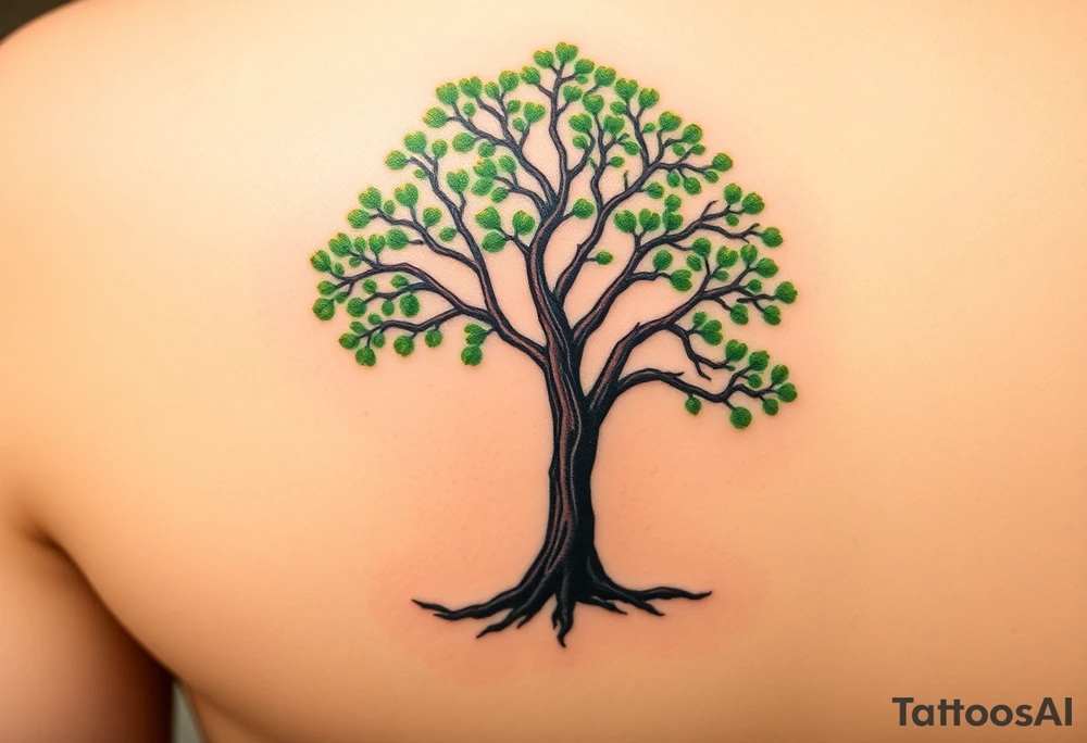 tattoo of a tree symbolizing the virtues of A tree could symbolize all of these qualities. Here's why:

Curious: A tree grows and seeks sunlight, representing the pursuit of knowledge and exploration.
Compassionate: The tree provides shelter and sustenance to those around it, offering support without asking for anything in return.
Earnest: The tree stands tall and strong, showing sincerity in its growth and its presence in the world.
Faithful: A tree remains rooted in one place, symbolizing faithfulness to its surroundings and purpose.
Generous: It gives fruits, shade, and oxygen freely, offering abundance to all who need it.
Honest: A tree is transparent in its existence—what it is is clear and simple, no hidden agendas.
Humorous: The shape of a tree, the rustling of its leaves, or even the way birds nest in it can bring lightness and joy, a reminder not to take life too seriously.
Just: A tree gives to all equally, regardless of who comes to it, showing fairness and impartiality.
Kind: The shade and shelter it offers to others in need reflect kindness.
Loyal: The tree endures harsh weather and seasons, symbolizing loyalty and resilience through time.
Magnanimous: The tree offers its beauty and resources without expecting anything in return, showcasing greatness of spirit.
Sincere: A tree is genuinely itself—there is no pretense, only natural existence.
Thoughtful: Its roots connect deeply with the earth, symbolizing deep thoughtfulness, and its branches reach out to others.
In this way, a tree encompasses all these virtues, standing as a reminder of how one can grow with strength and offer goodness to the world. tattoo idea