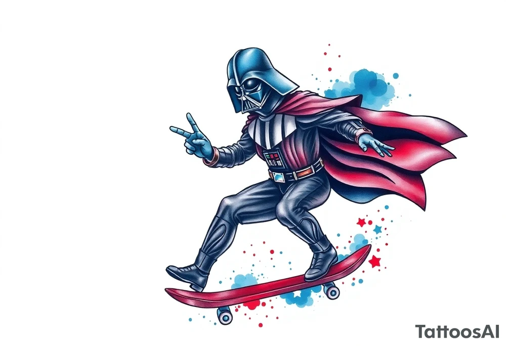 MEMORY TATTOO
Darth Vader skateboarding with Hawaiian hand signal hang loose in heaven, outdoors, bullets, star wars>blue and red 
"Darth Carter"
12/29/88-01/06/24 tattoo idea