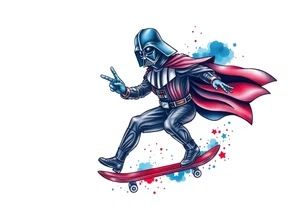 MEMORY TATTOO
Darth Vader skateboarding with Hawaiian hand signal hang loose in heaven, outdoors, bullets, star wars>blue and red 
"Darth Carter"
12/29/88-01/06/24 tattoo idea