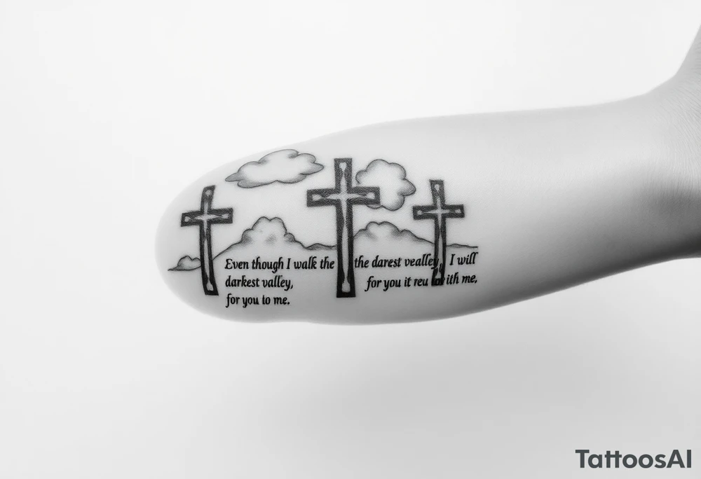 3 crosses, clouds, even though I walk through the darkest valley, I will fear no evil, for you are with me tattoo idea