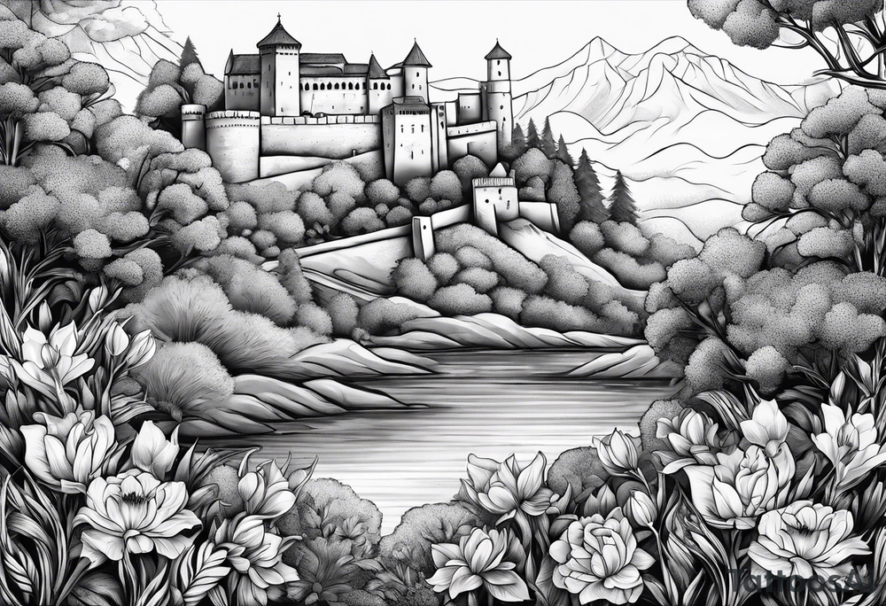 božur flowers mixed with niš fortress tattoo idea