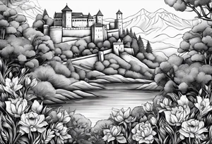 božur flowers mixed with niš fortress tattoo idea