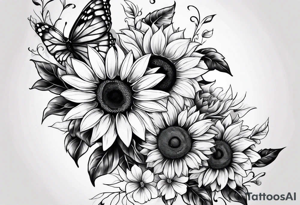 Arm sleeve with sunflowers and butterflies tattoo idea