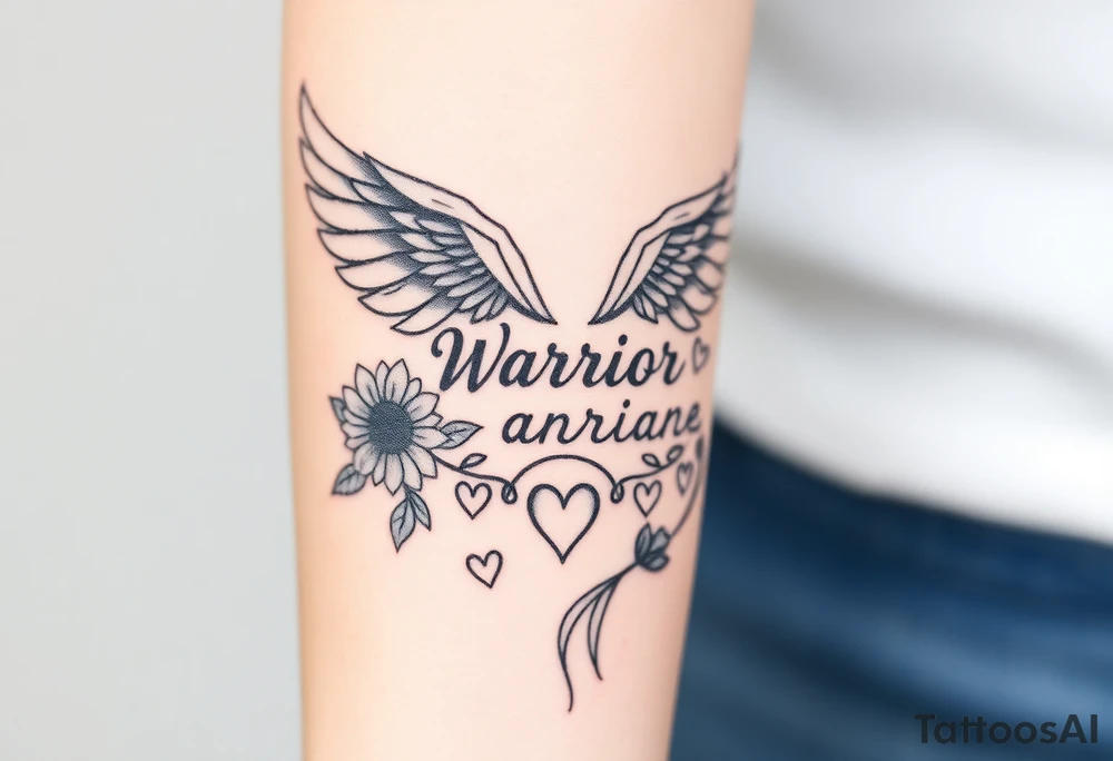 beautiful strong angel wing with word "Warrior" surrounded with sunflowers and hearts tattoo idea