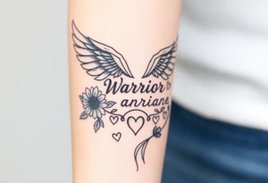 beautiful strong angel wing with word "Warrior" surrounded with sunflowers and hearts tattoo idea