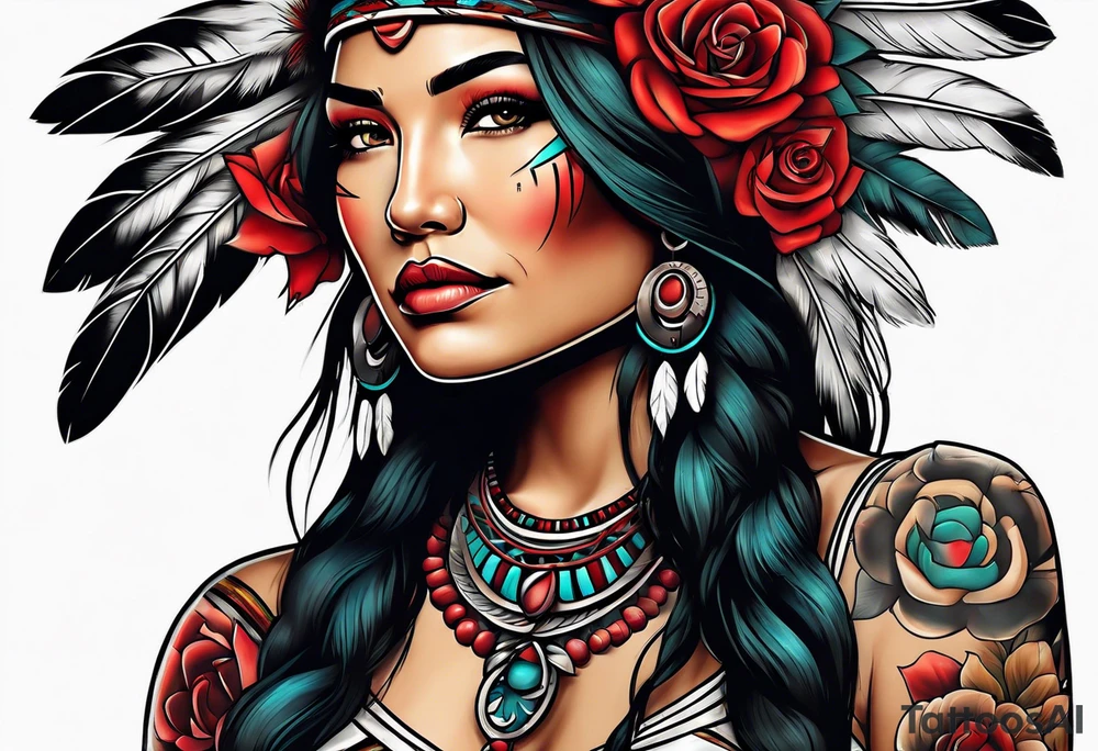 Native American woman wrapped in roses tattoo idea