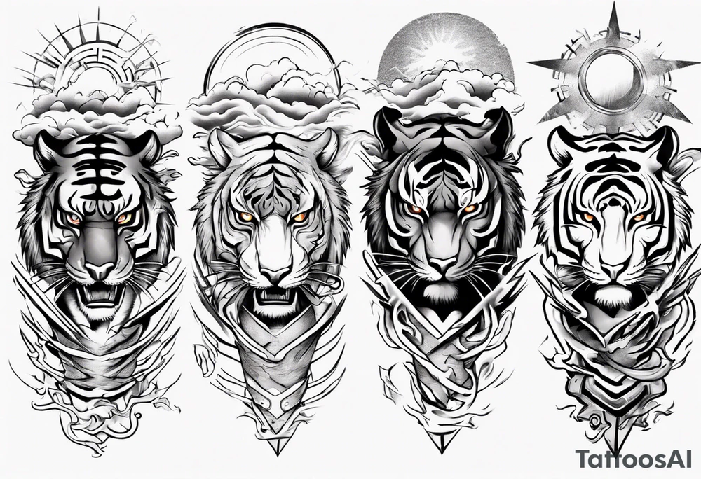 Tiger warrior with lightning and the sun for a forearm sleeve tattoo idea