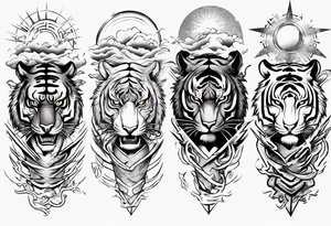 Tiger warrior with lightning and the sun for a forearm sleeve tattoo idea