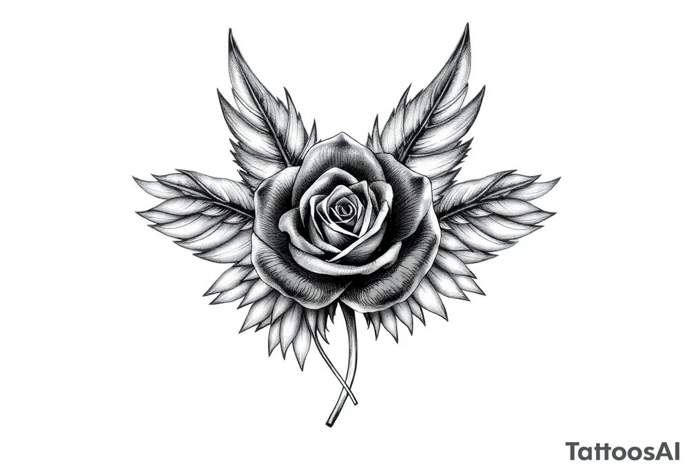 TWO FEATHERS TOGETHER WITH A ROSE WITH SERGE WRITTEN INSIDE tattoo idea
