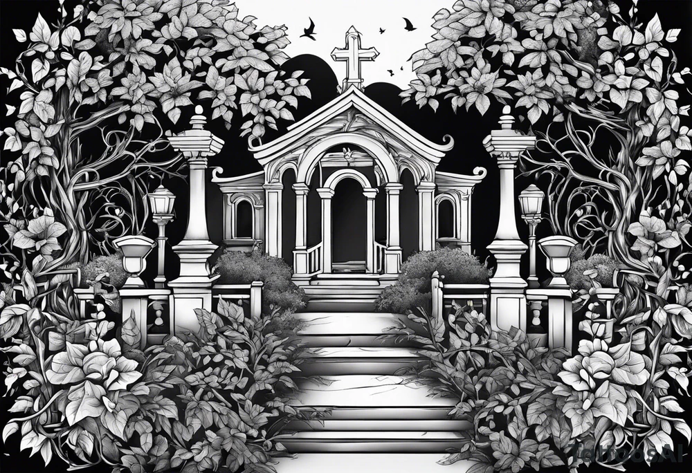 Leafy vines with grave yard tattoo idea