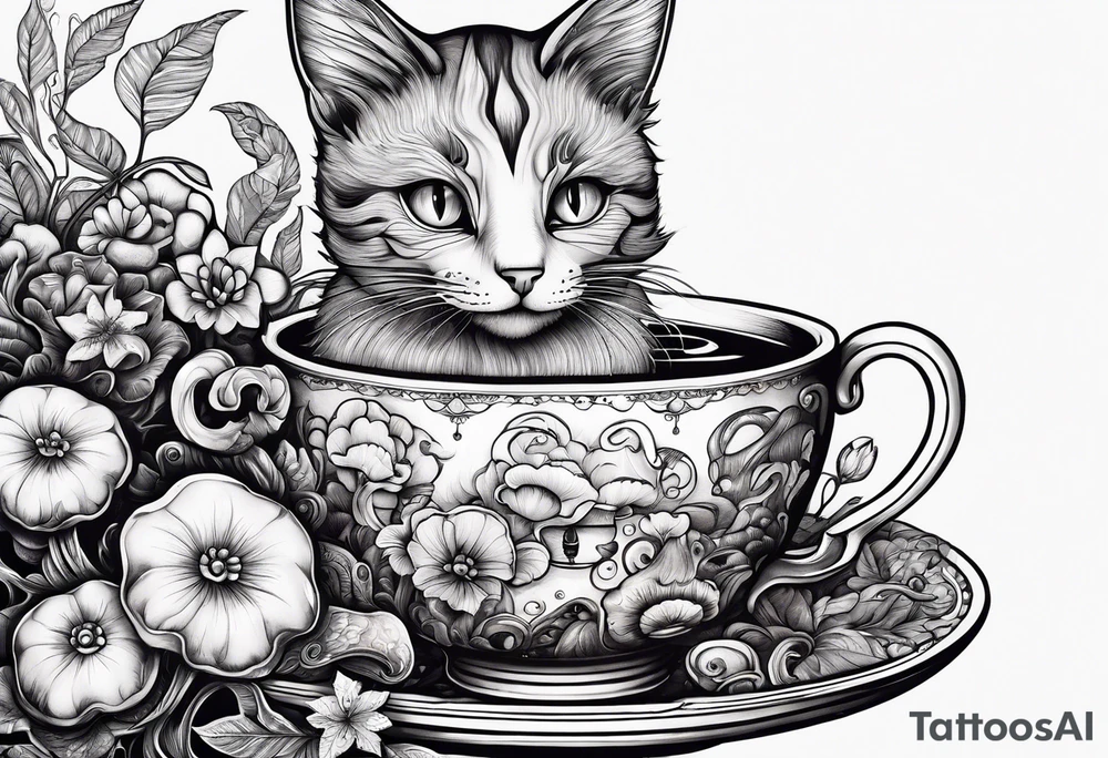 A mysterious cat with a hot mushrooms cup of tea tattoo idea