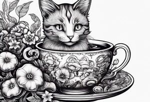 A mysterious cat with a hot mushrooms cup of tea tattoo idea