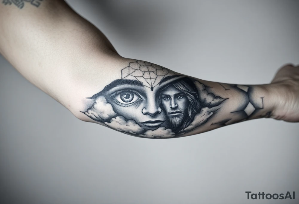 heavenly eyes below the elbow with clouds under it with a portrait dedicated to a dead family member tattoo idea