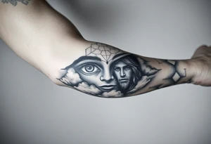 heavenly eyes below the elbow with clouds under it with a portrait dedicated to a dead family member tattoo idea