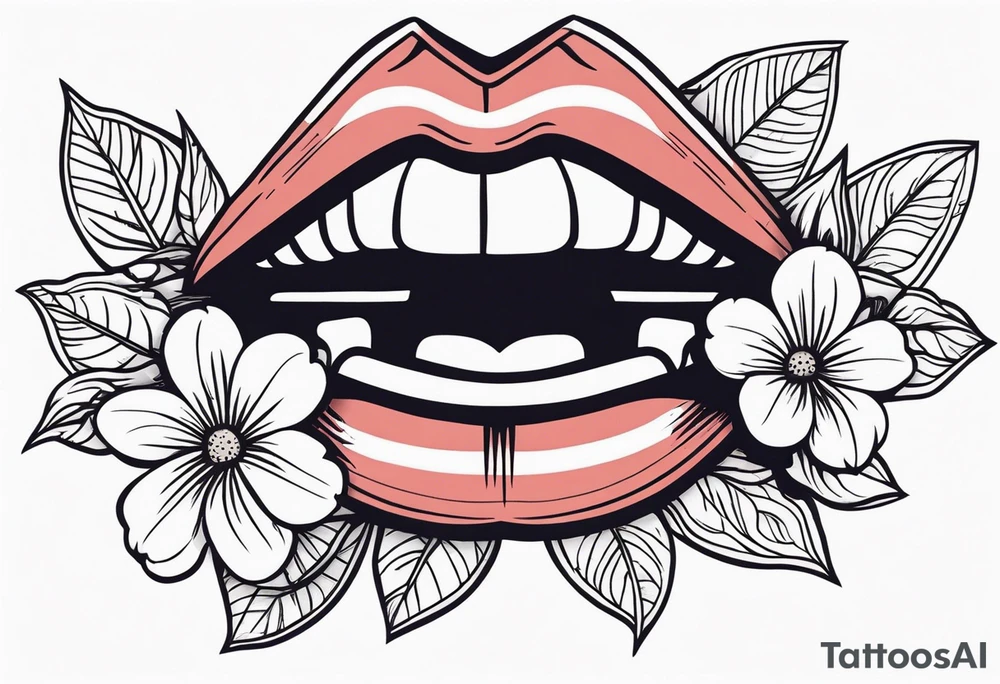 old school traditional vintage style design of lips singing into microphone with vintage flowers surrounding it tattoo idea