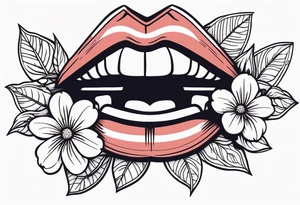 old school traditional vintage style design of lips singing into microphone with vintage flowers surrounding it tattoo idea