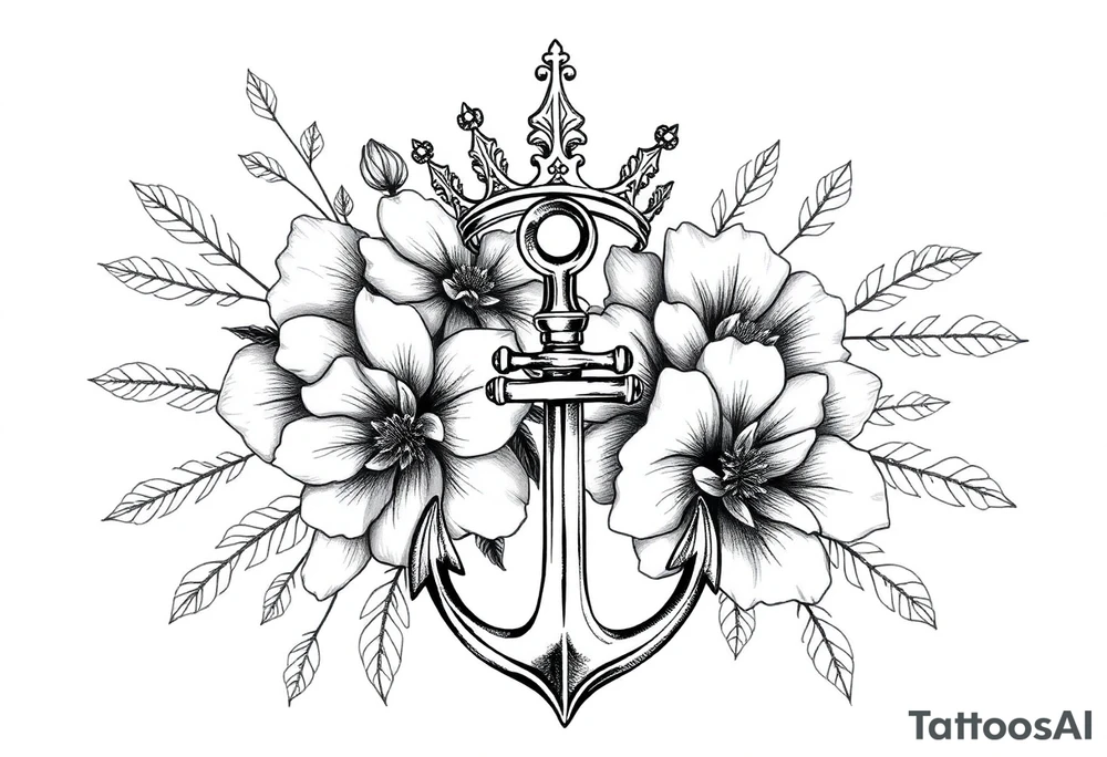 detailed beautiful gothic boho flowers with gorgeous crown and anchor tattoo idea