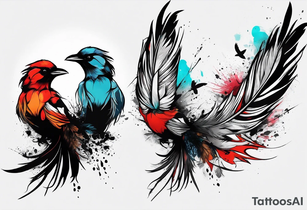 Feather turning into birds trash polka tattoo idea