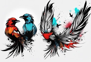 Feather turning into birds trash polka tattoo idea