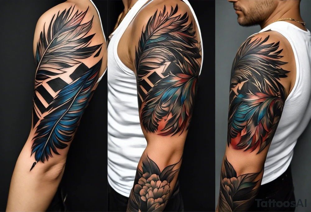The tattoo begins on the left arm, at the elbow, where feathers are flying under the action of the wind towards the left hand. These feathers share the air space with branches that have leaves, and both elements move together up the left arm. As they approach the shoulder, some lightning appears between them. At this point, the feathers start to converge toward the left chest, where a vortex of energy reveals the head of an owl. The branches converge toward the left side of the back, passing over the shoulder. On the left side of the back, there is a dense, psychedelic element representing the energy of life's creation, with references to the earth, element, and planet. There is also a clay house in this area. tattoo idea