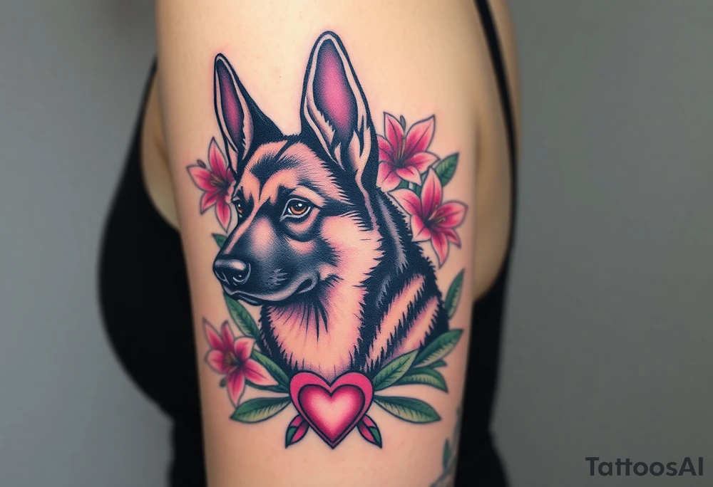 strong short haired german shepherd with alert ears surrounded by pink lilies with large leaves with a small sacred heart below tattoo idea