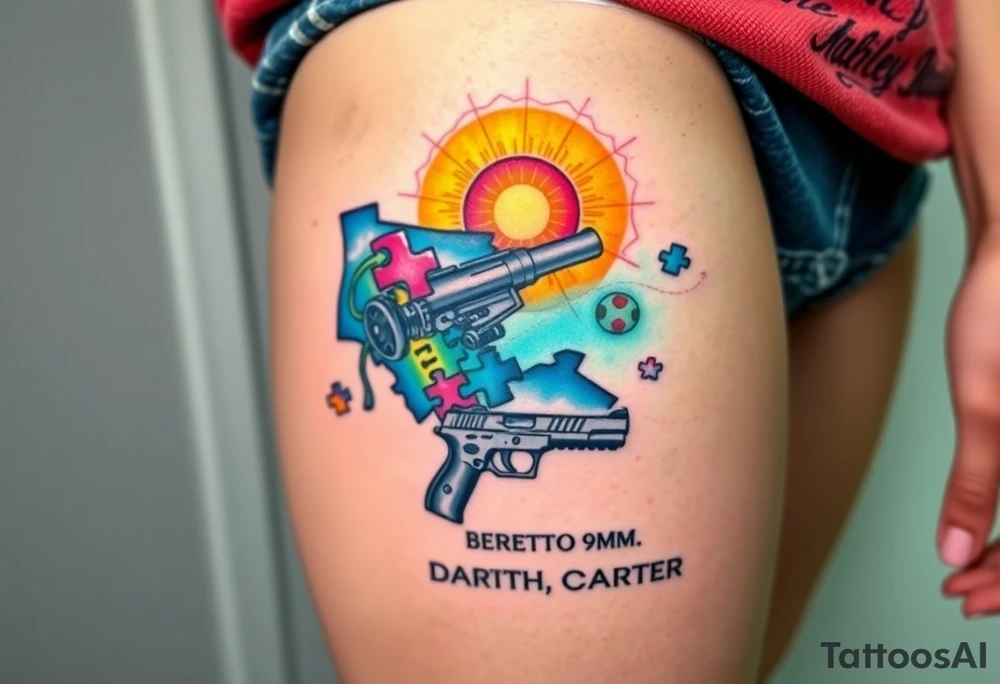 colorful futuristic memory tattoo for passed boyfriend; sunshine state, Harley Davidson, skateboarding, puzzle pieces, video games, heaven, god, outdoors, beretta 9mm gun, disc golf, words "MEMENTO MORI" & DARTH CARTER tattoo idea