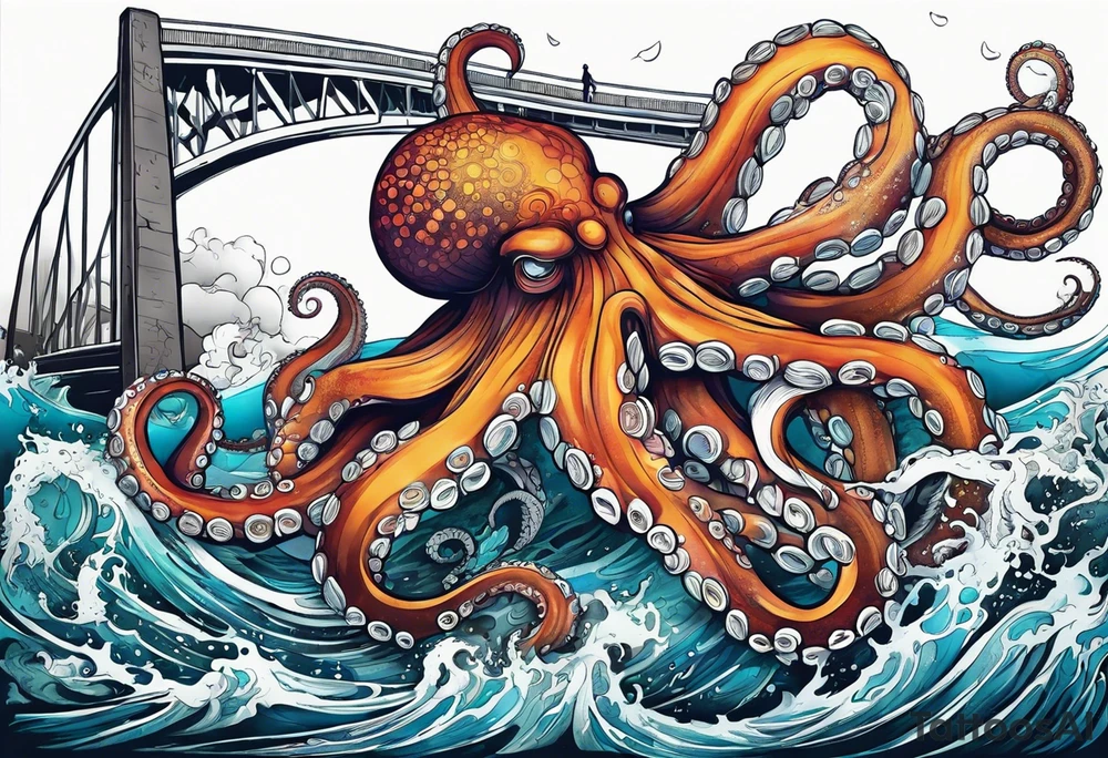 Giant Octopus attacking bridge tattoo idea