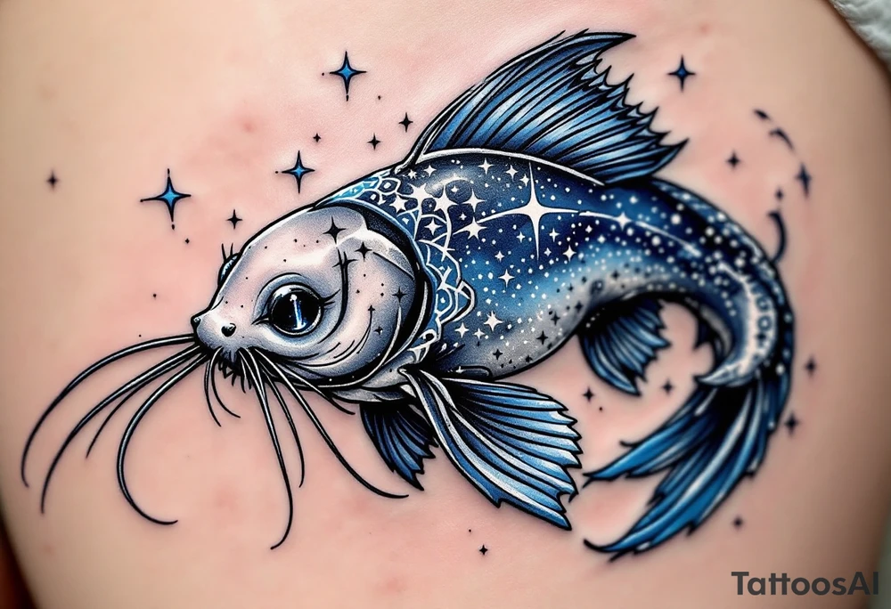 Celestial Catfish – A stylized catfish floating in space with midnight blue and silver shimmer, tiny star-shaped patterns on its back, and long whiskers flowing like comet trails. tattoo idea
