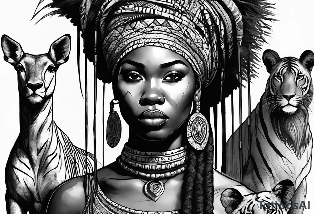 African woman warrior with tribe scars and spear in hand with animals in background tattoo idea