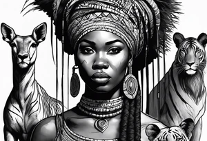 African woman warrior with tribe scars and spear in hand with animals in background tattoo idea