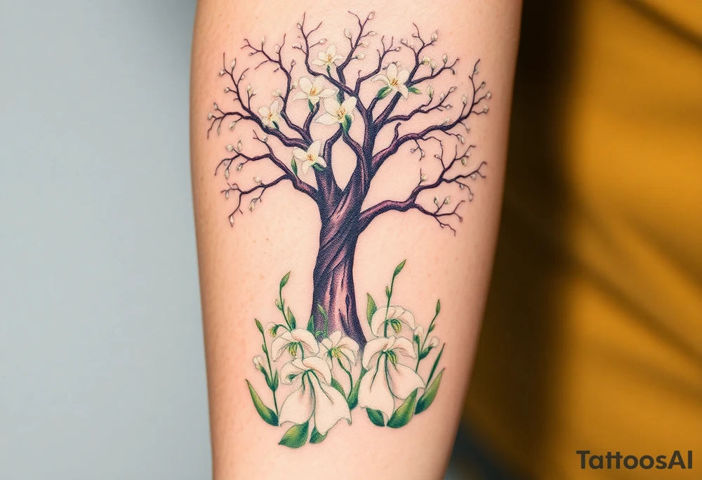 White flowering Lilly of the vally bell plants on the ground underneath a majestic blooming hawthorn tree tattoo idea